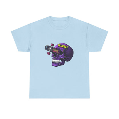 Skull Skateboard Graphic Tee — "No Brakes" Purple Skull Skate Shirt Printify