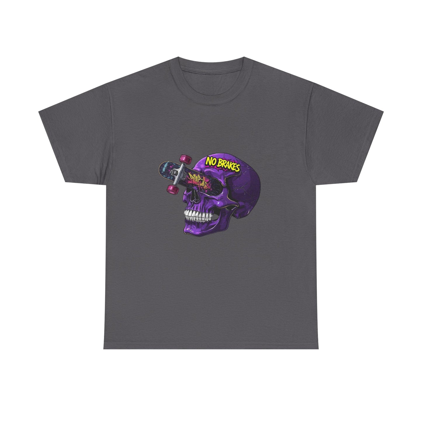 Skull Skateboard Graphic Tee — "No Brakes" Purple Skull Skate Shirt Printify