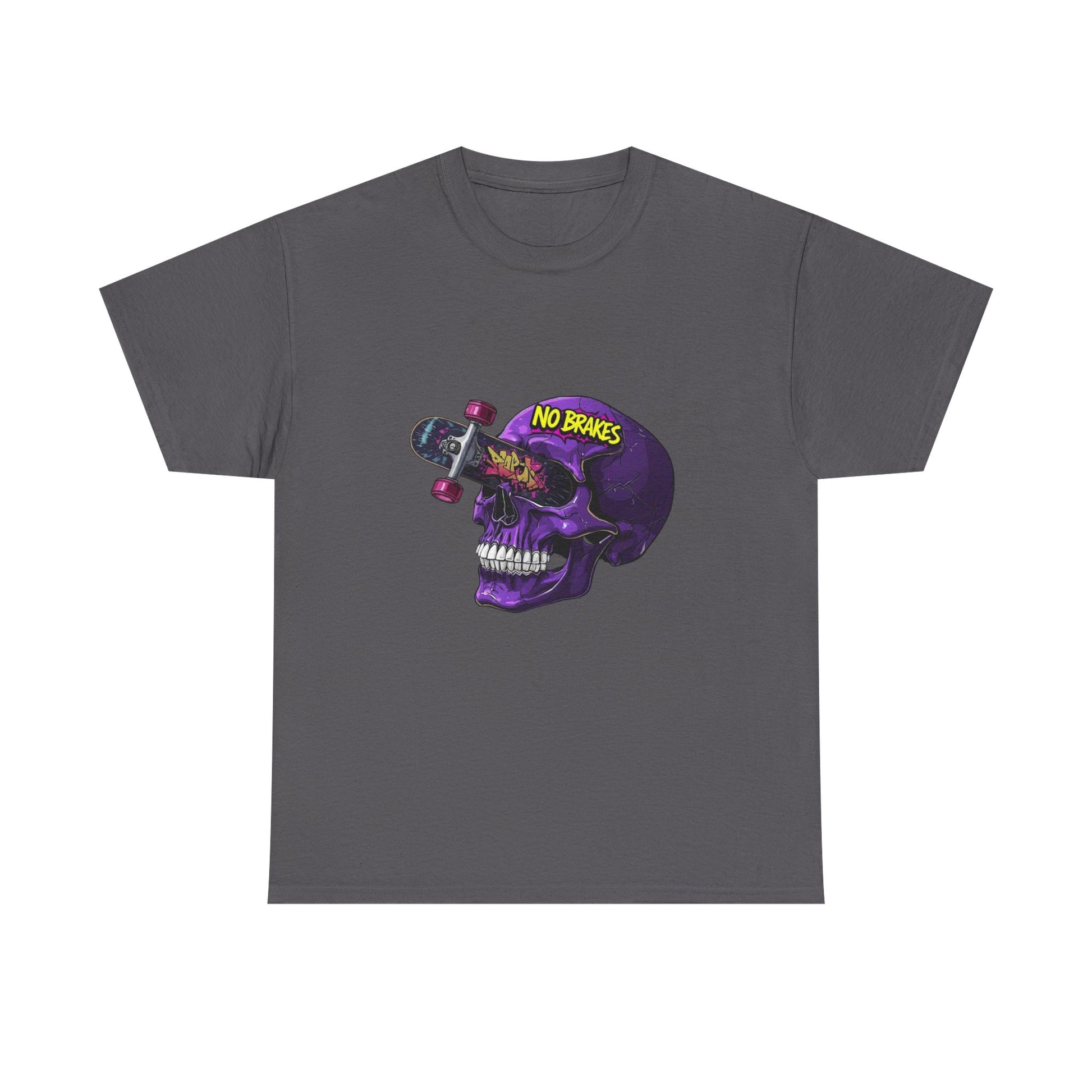 Skull Skateboard Graphic Tee — "No Brakes" Purple Skull Skate Shirt Printify