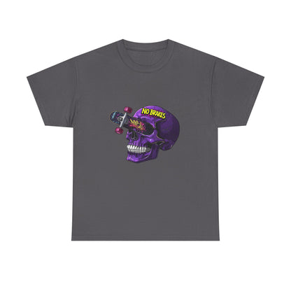 Skull Skateboard Graphic Tee — "No Brakes" Purple Skull Skate Shirt Printify