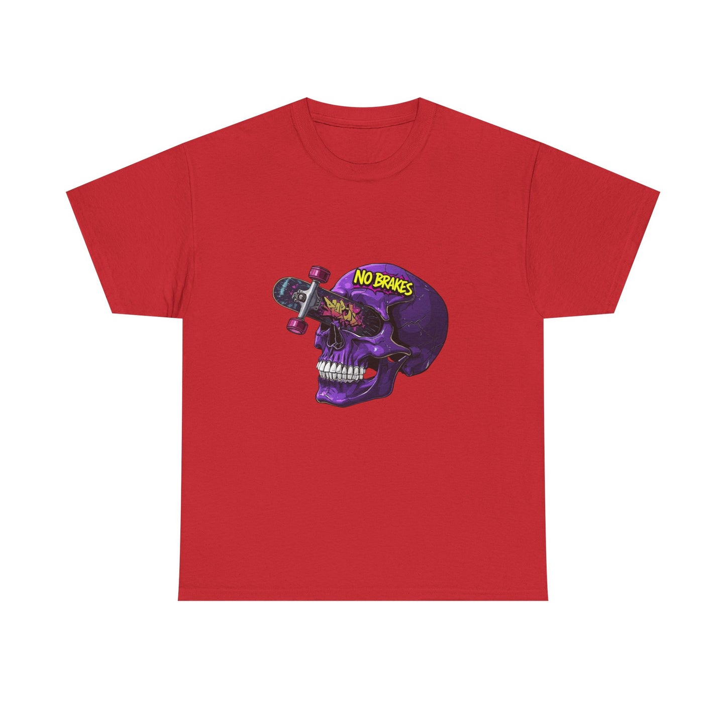 Skull Skateboard Graphic Tee — "No Brakes" Purple Skull Skate Shirt Printify