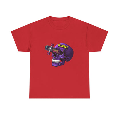 Skull Skateboard Graphic Tee — "No Brakes" Purple Skull Skate Shirt Printify