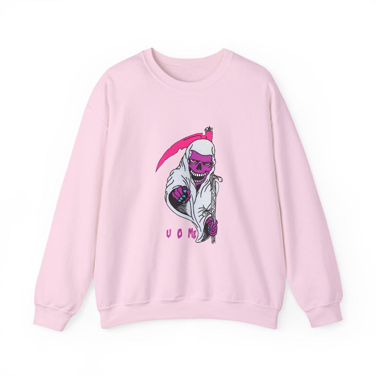 Grinning Reaper Crewneck Sweatshirt — Neon Pink Skull UOME Printify