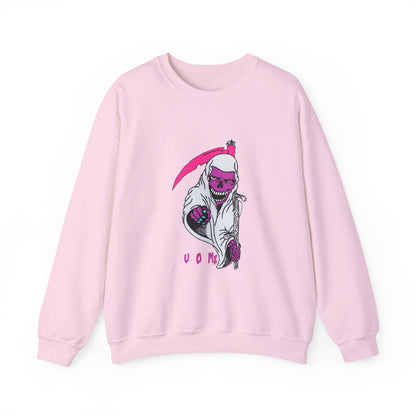 Grinning Reaper Crewneck Sweatshirt — Neon Pink Skull UOME Printify
