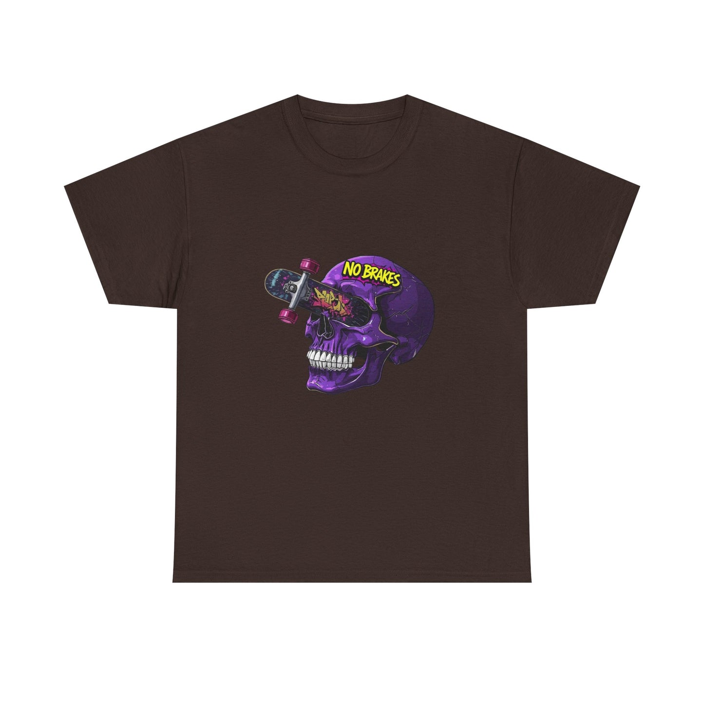 Skull Skateboard Graphic Tee — "No Brakes" Purple Skull Skate Shirt Printify