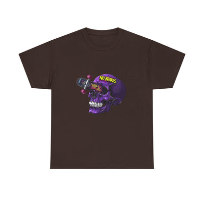 Skull Skateboard Graphic Tee — "No Brakes" Purple Skull Skate Shirt Printify