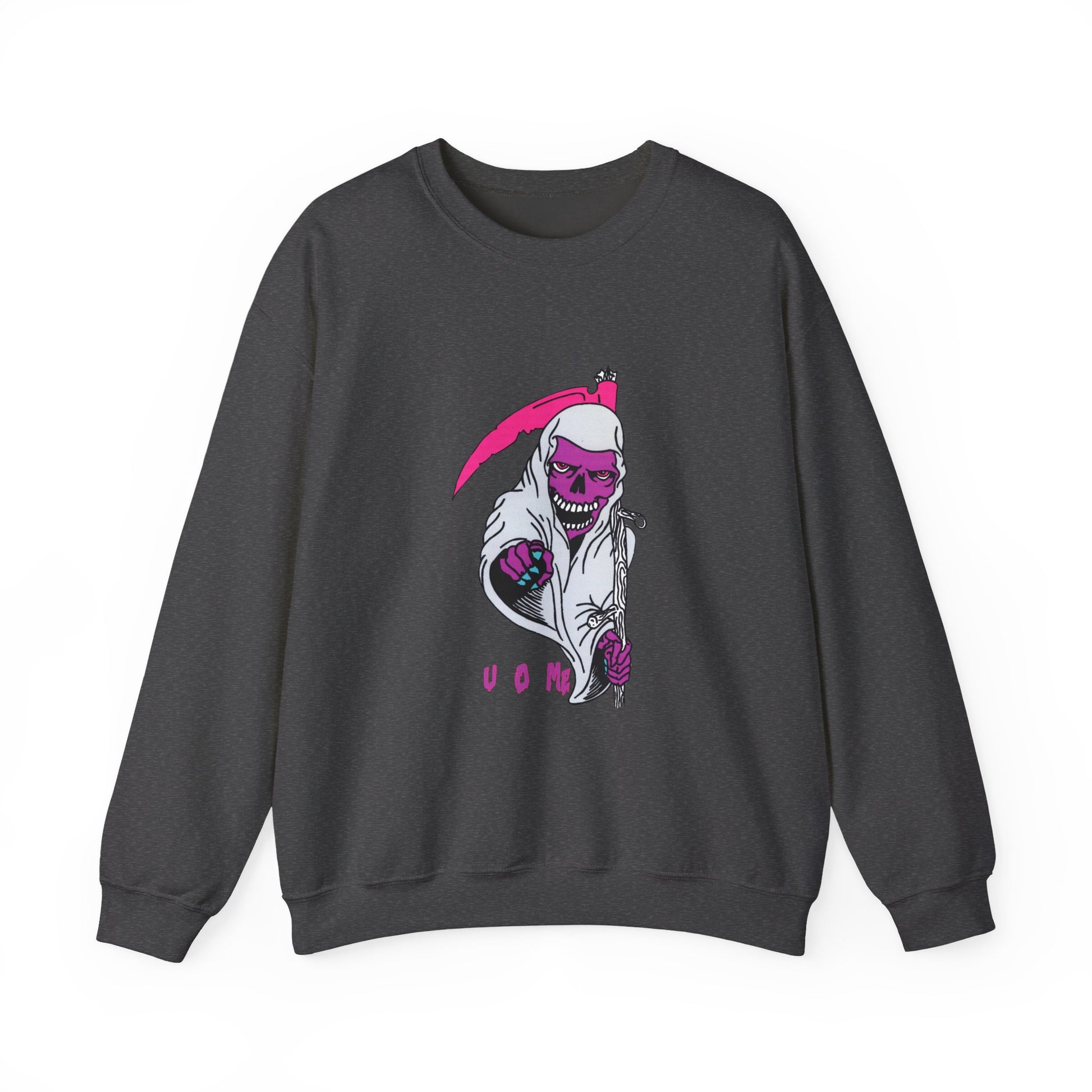 Grinning Reaper Crewneck Sweatshirt — Neon Pink Skull UOME Printify