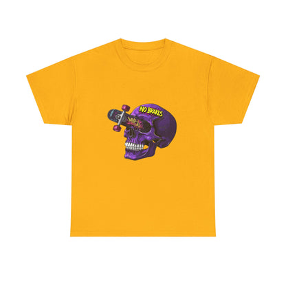 Skull Skateboard Graphic Tee — "No Brakes" Purple Skull Skate Shirt Printify