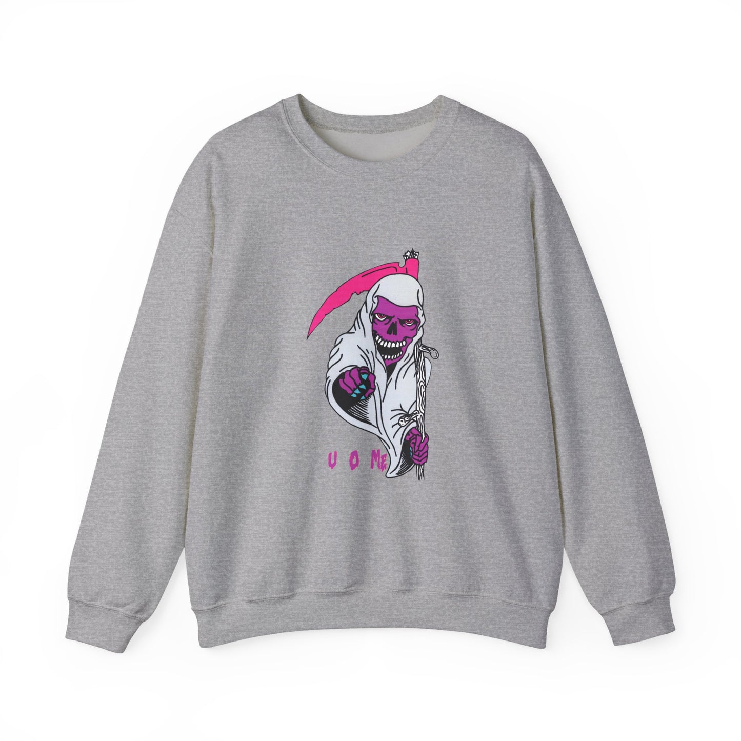 Grinning Reaper Crewneck Sweatshirt — Neon Pink Skull UOME Printify