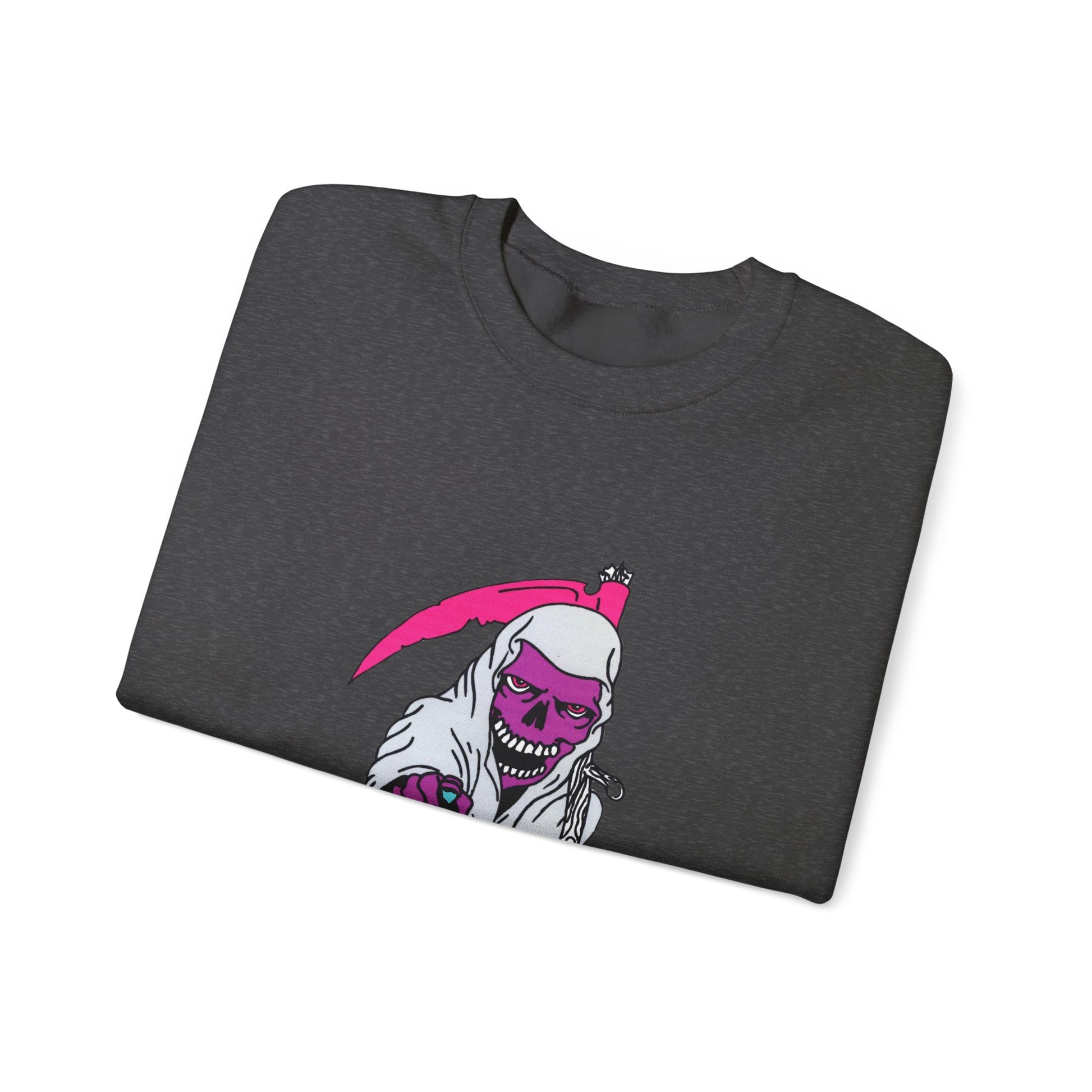 Grinning Reaper Crewneck Sweatshirt — Neon Pink Skull UOME Printify