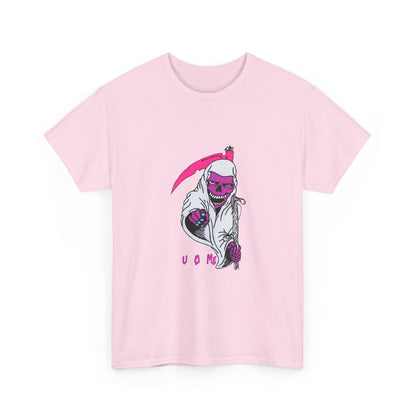 Grim Reaper Graphic Tee — Neon Pink Scythe Skeleton UOME T-Shirt Printify