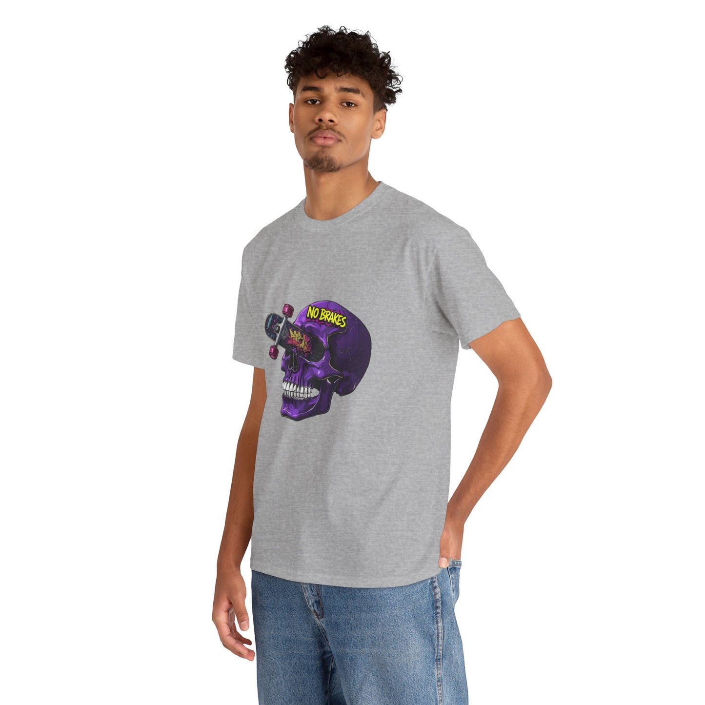Skull Skateboard Graphic Tee — "No Brakes" Purple Skull Skate Shirt Printify