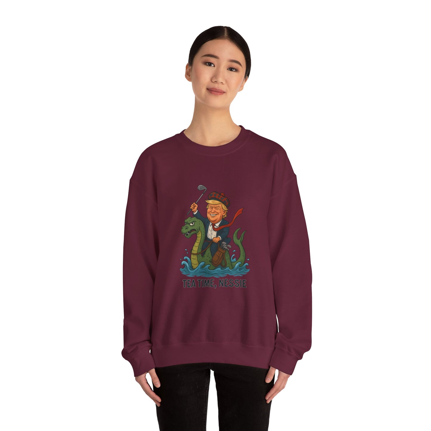 Funny Graphic Sweatshirt, Tea Time Nessie Crewneck, Gift for anyone, Quirky Lifestyle Apparel, Unisex Humor Clothing Printify