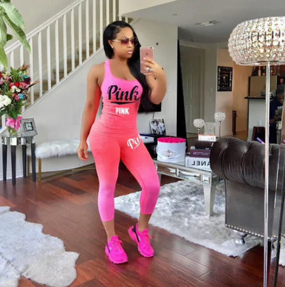 Pink Letter Print Color Block Short Sleeve Set
