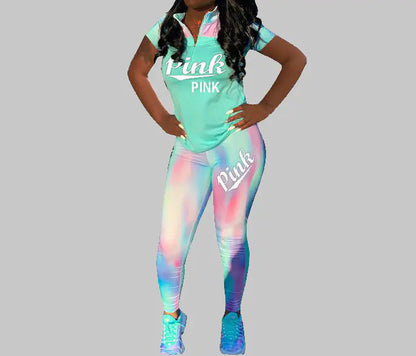 Pink Letter Print Color Block Short Sleeve Set