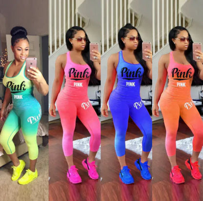 Pink Letter Print Color Block Short Sleeve Set