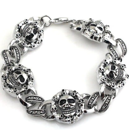Men's Punk Metal Bracelet with Round Skull Charm