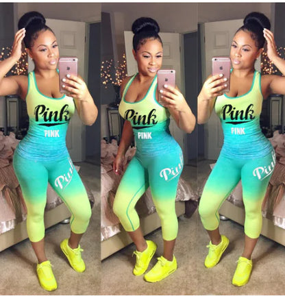 Pink Letter Print Color Block Short Sleeve Set