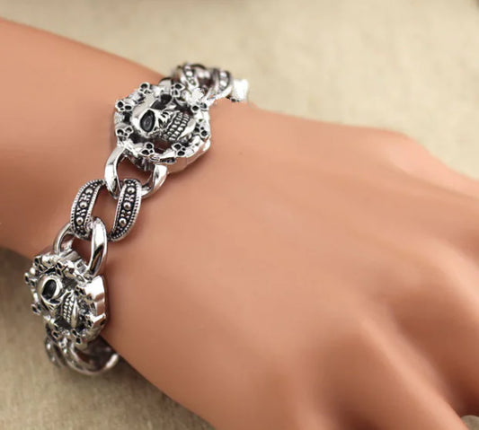 Men's Punk Metal Bracelet with Round Skull Charm